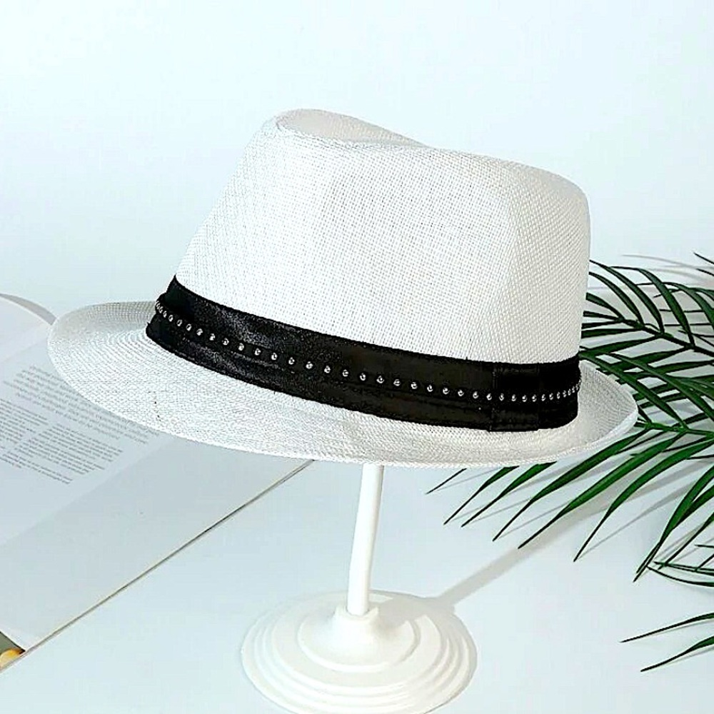 NEW FEDORA BELTED STUD WOVEN MINIMALIST HAT - Picture 2 of 4